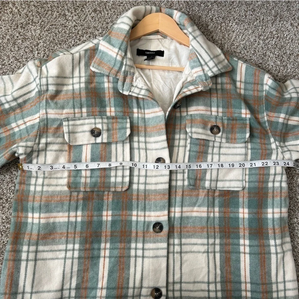 Forever 21 Cream Green Flannel Shacket Jacket Button Down Fall Comfy Oversized - Picture 6 of 6
